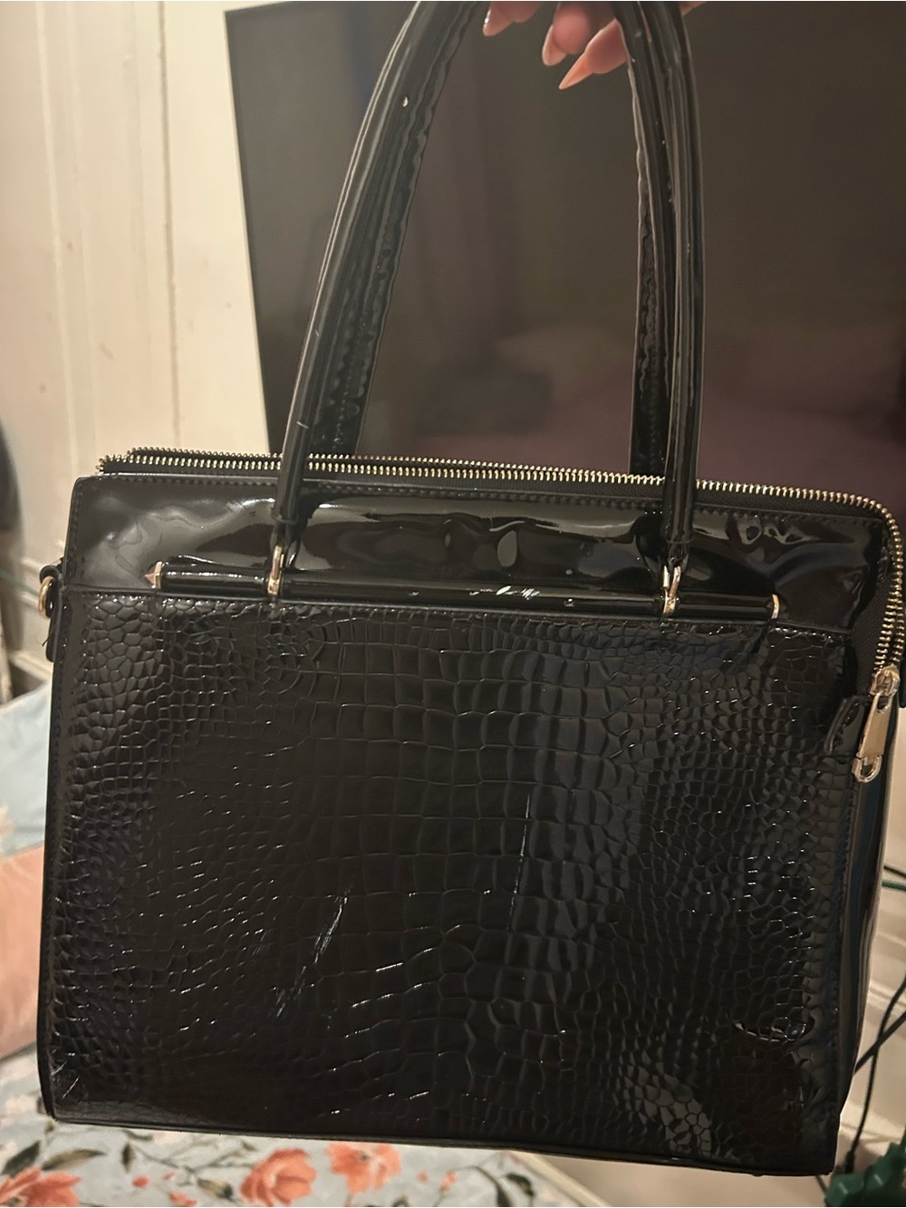 Patent Croc-Embossed Top-Handle Tote - Black